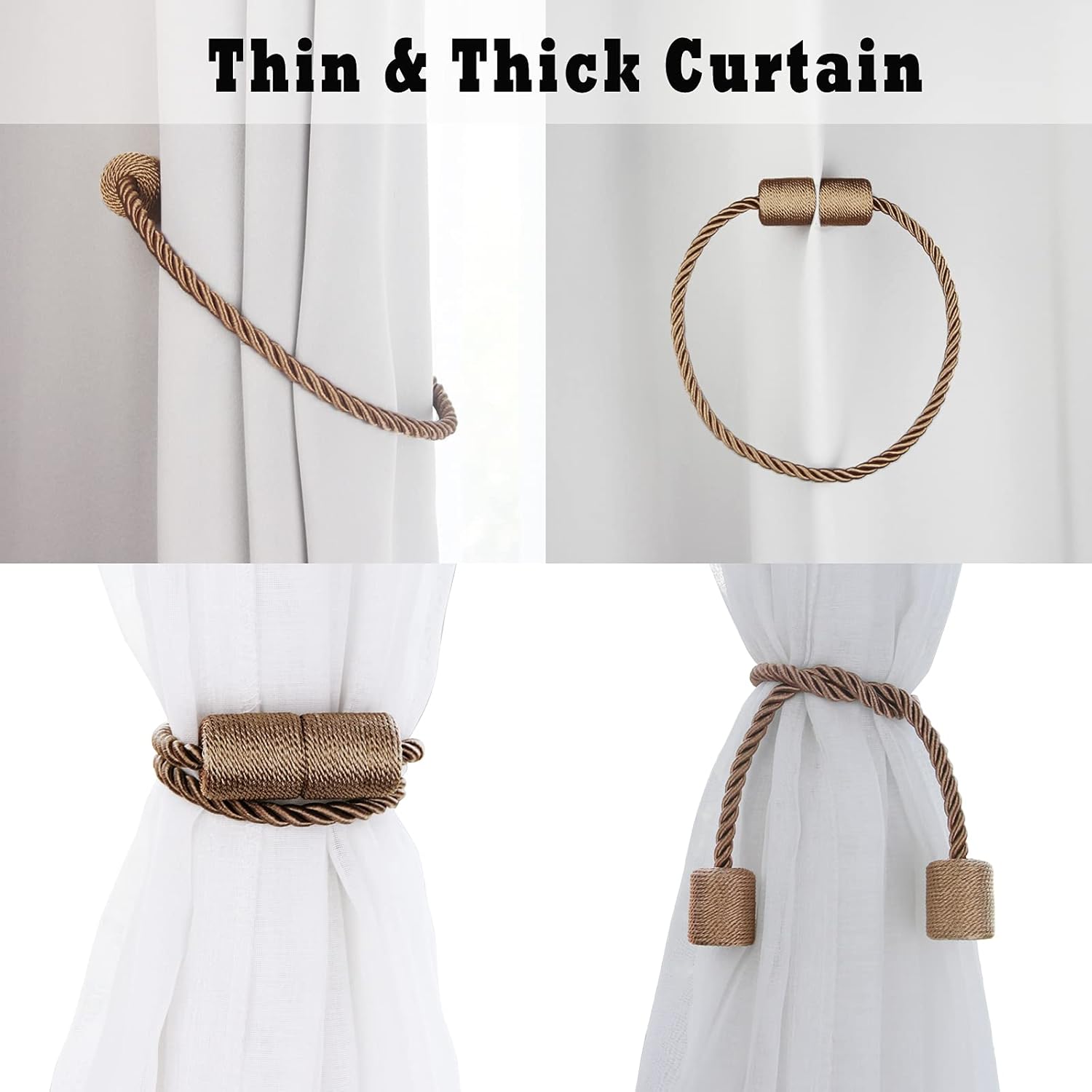 6 Pack Khaki Strong Magnetic Curtain Tiebacks Outdoor Elegant Decorative Tie Backs Modern Rope
