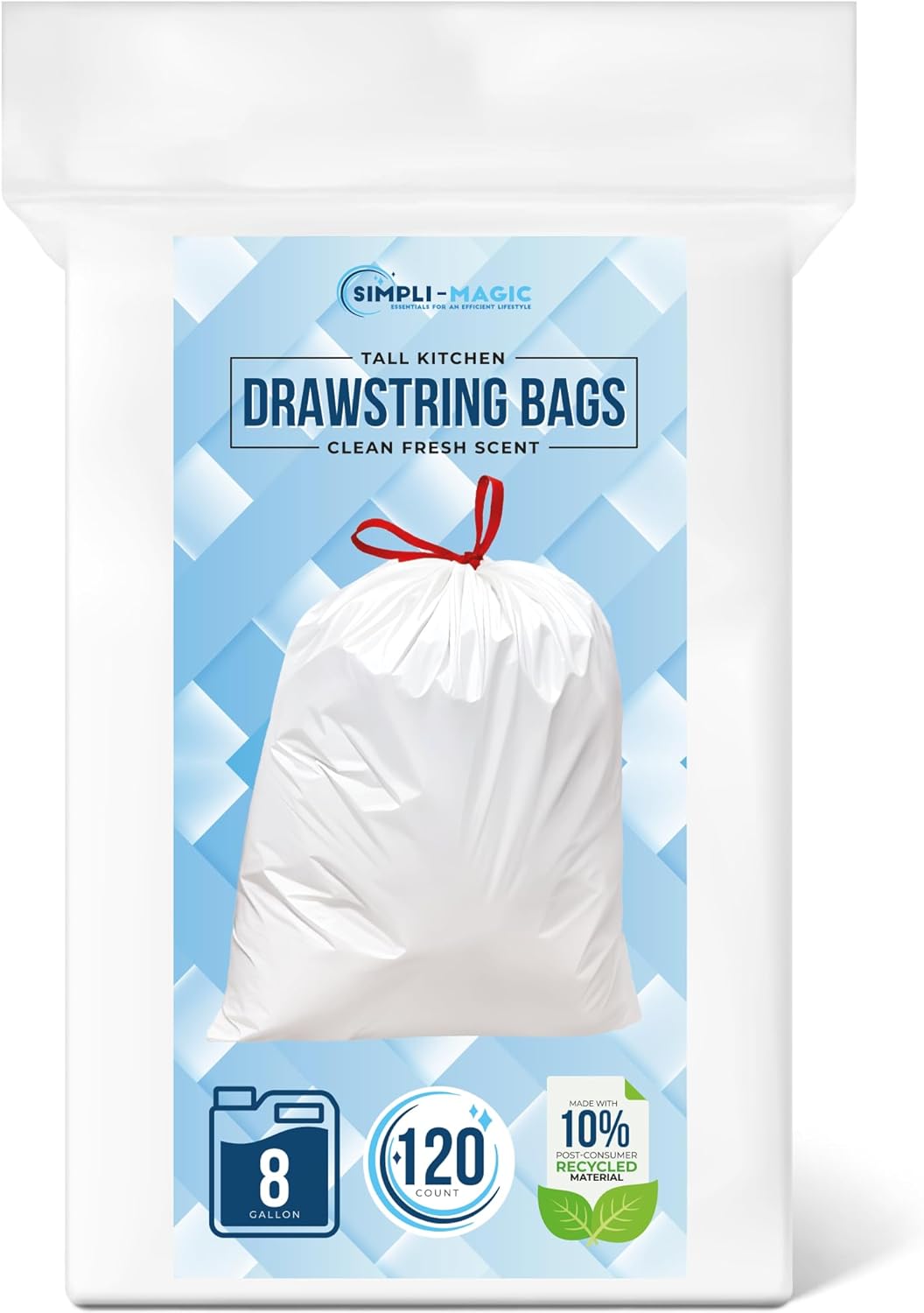 SIMPLI-MAGIC 8 Gallon Drawstring Trash Bags, 120 Pack – Tall Kitchen Garbage Bags, Custom Made with
