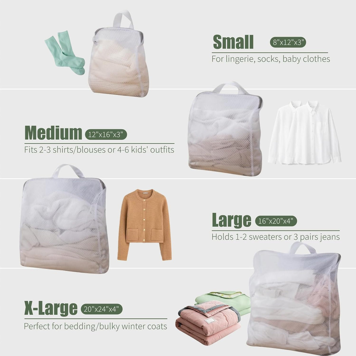 GWT 4Pcs 3D Mesh Laundry Bags with Hanging Handles (S/M/L/XL) - Durable Zippered Wash Bags for
