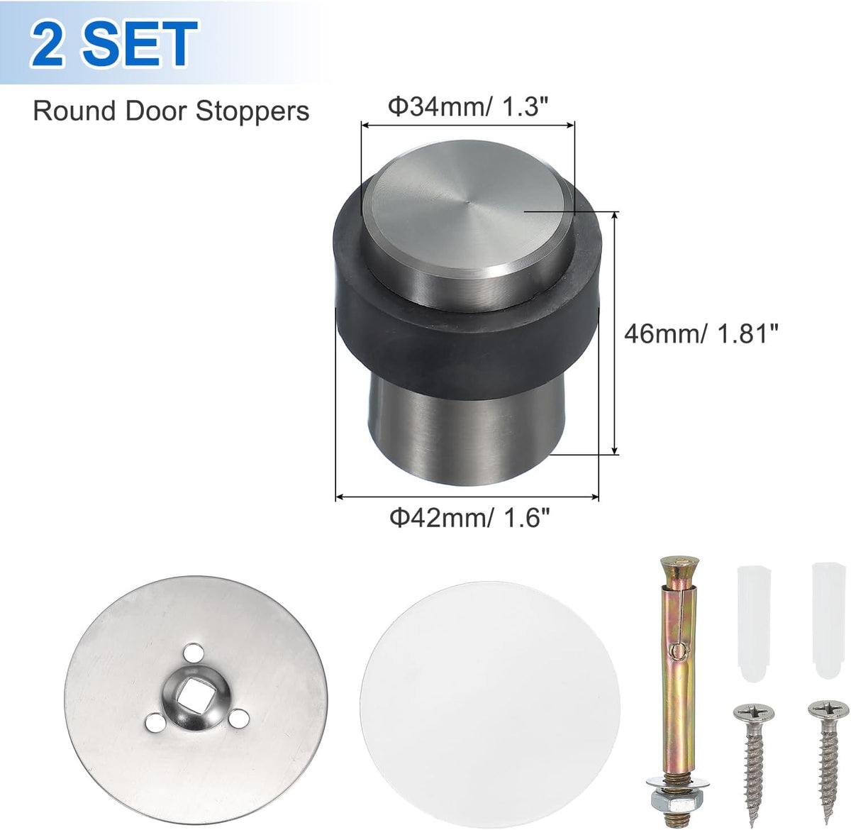PATIKIL 2Set Round Door Stoppers, 46mm Stainless Steel Door Stop Doorstop Wedge Metal Cylinder Self