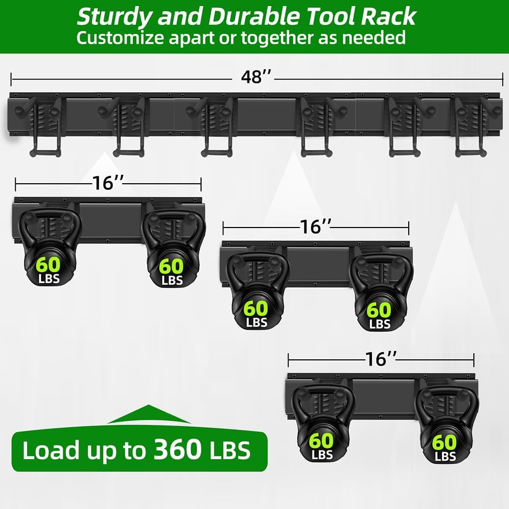 Garage Tool Organizer Wall Mount with 48 inches Rails and 6 Double-layer Hooks, Garden Tool Rack