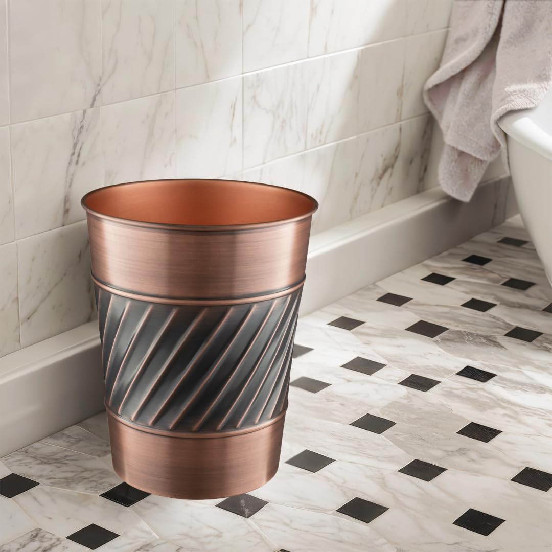 Monarch Abode Metal Wastebasket Trash Can, Handcrafted, Wave Embossed, Bathroom Decor, Antique