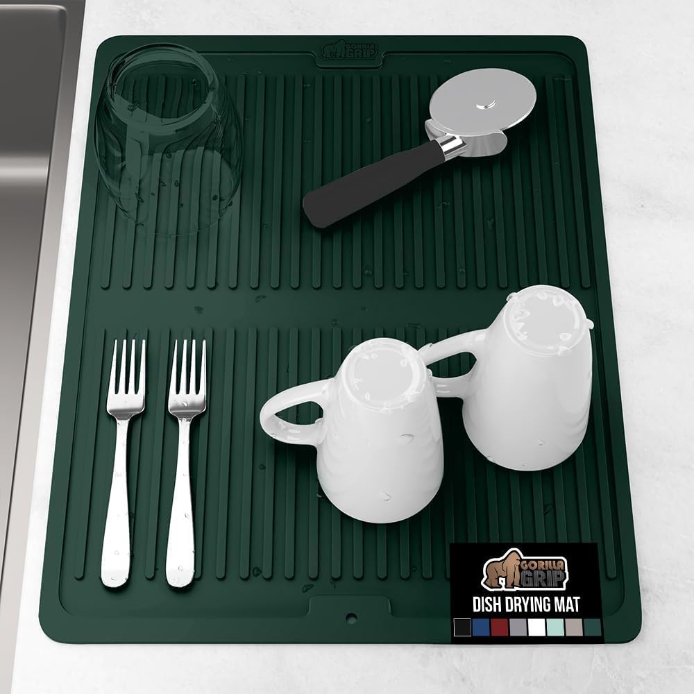 GORILLA GRIP 100% BPA-Free Silicone Dish Drying Mat for Kitchen Counter, 18x16, Quick Dry, Water