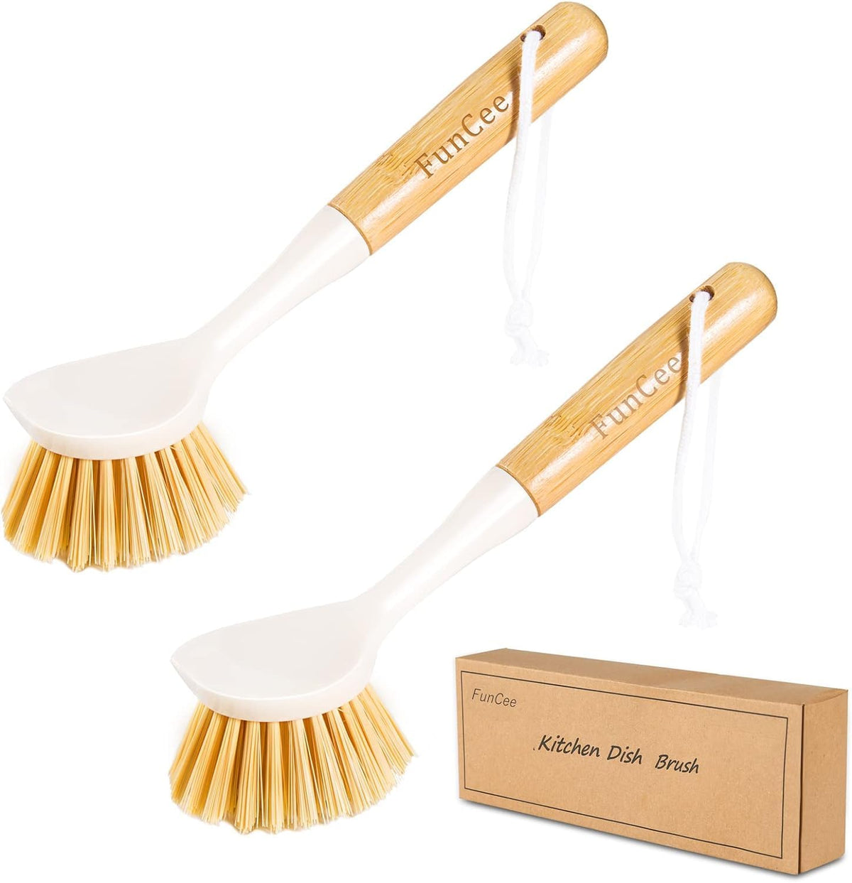 2 Pack Kitchen Dish Brushes with Bamboo Handle, Dish Scrubber Built-in Scraper, Scrub Brush for