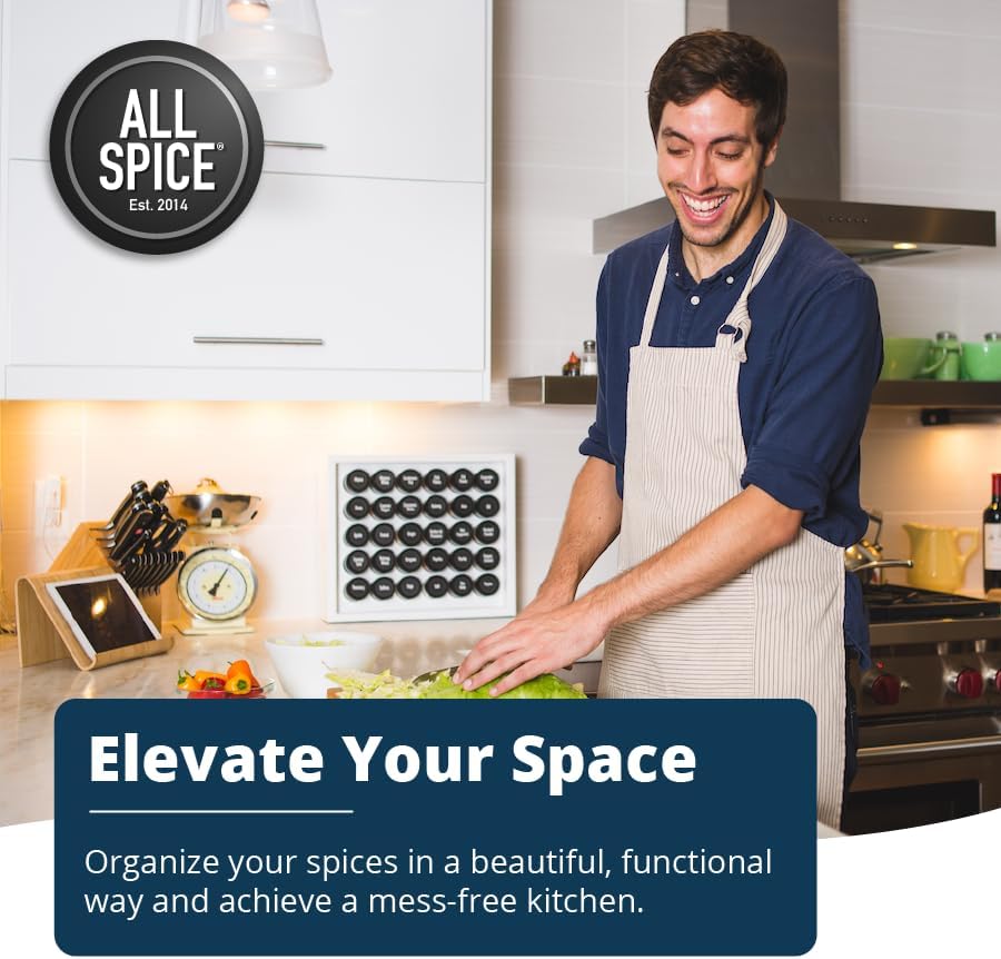 AllSpice Spice Rack Organizer, Wood, 525 Unique Labels, Countertop or Wall Mount, Includes 60 4oz