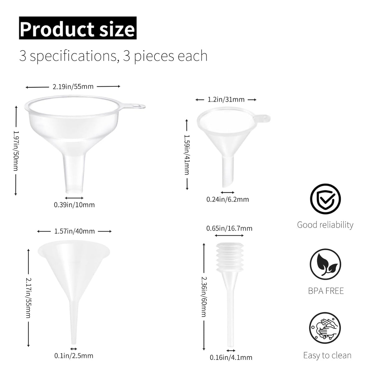 9 Pack Small Funnel Kit 3 Sizes w/Droppers for Kitchen Bottles, Essential Oils, Capsules & Pet