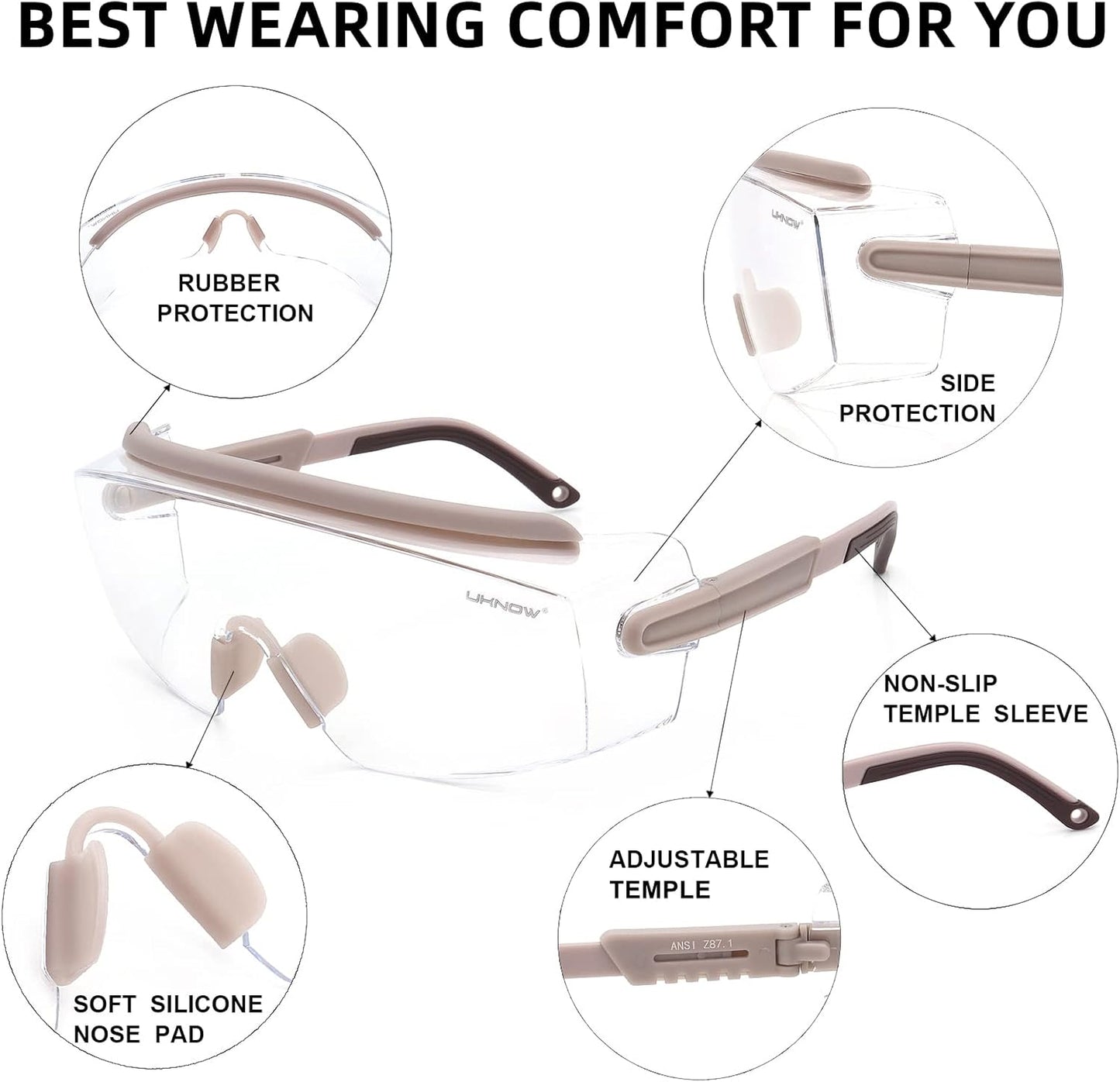 UKNOW Safety Goggles Over Glasses, Safety Glasses Anti Fog Wraparound Eye Protection, Protective