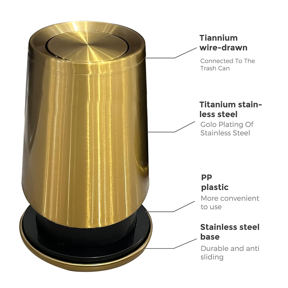 10 L/3 Gallen,Gold Small Trash Can for Bathroom,Brushed Stainless Steel Garbage Can with Flipping