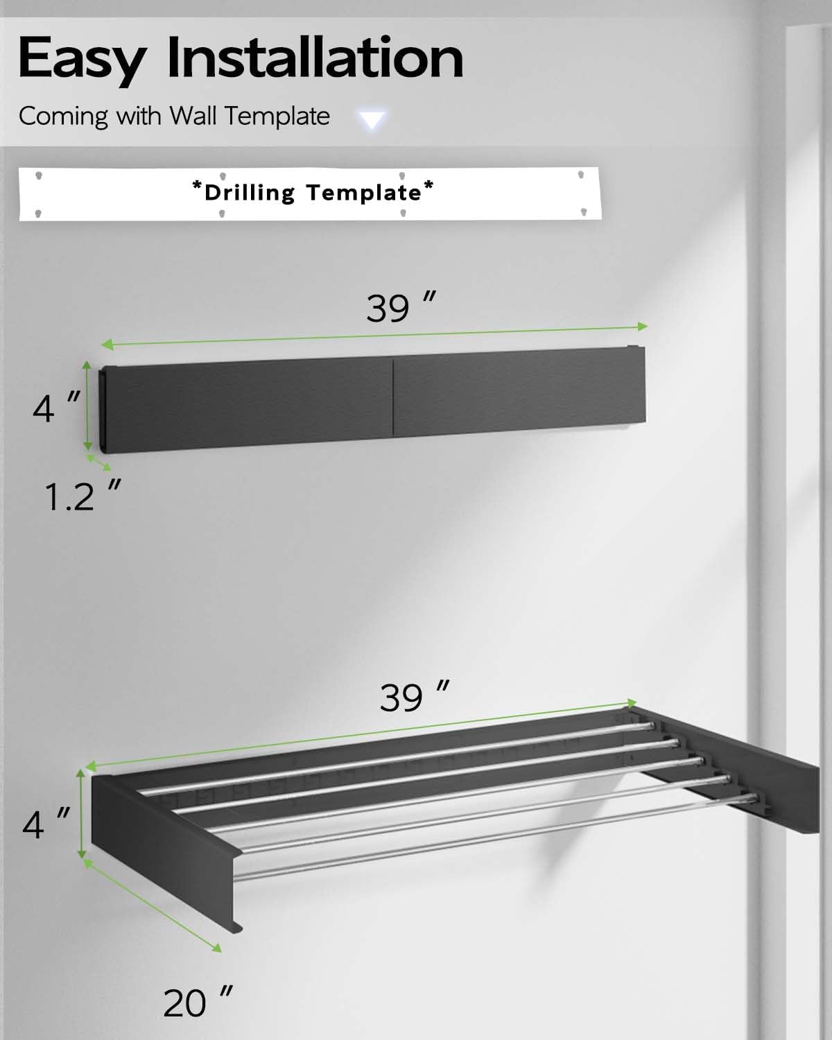 Wall Mounted Clothes Drying Rack 40", Foldable Wall Mount Laundry Rack Folding Indoor, Drying Rack
