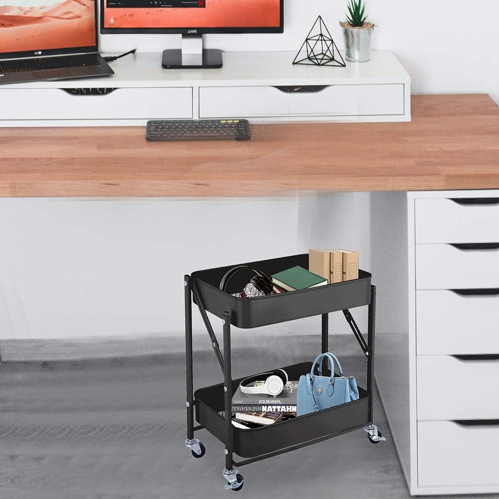 2-Tier Metal Folding Rolling Cart, Mobile Utility Cart Trolley Storage Organizer for Office Home