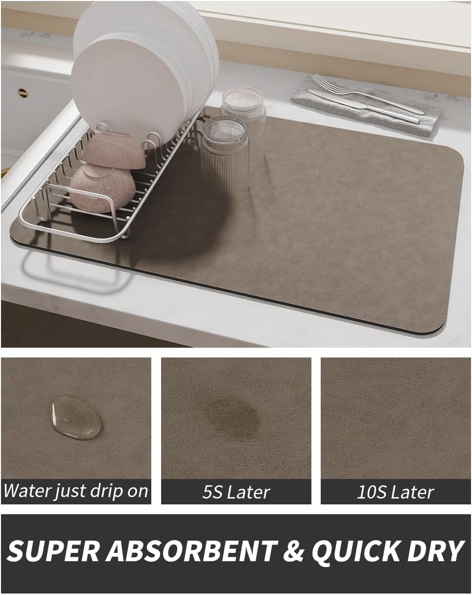 AMOAMI Coffee Mat - Hide Stain Rubber Backed Absorbent Dish Drying Mat for Kitchen Counter - Brown