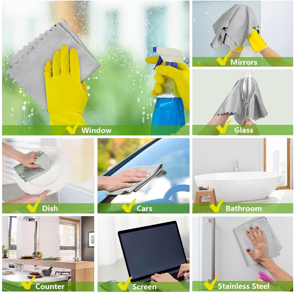HOMEXCEL Grey Microfiber Glass Cleaning Cloths-6PK, 16"x14" Lint Free Window Cleaning Cloth