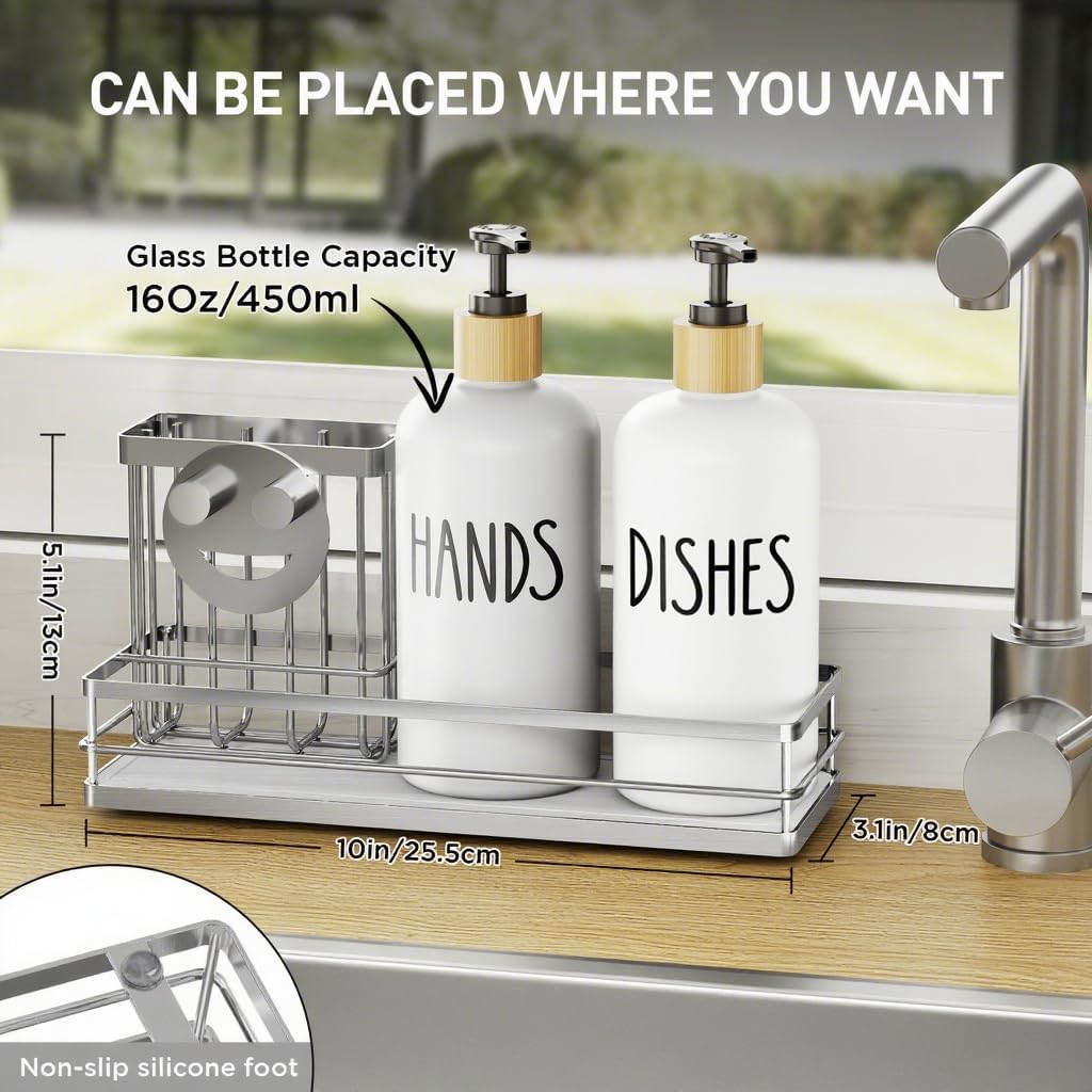 Moforoco Kitchen Dish Soap Dispenser Set, 16OZ Glass Bottle, Hand and Dish Soap Dispenser Set