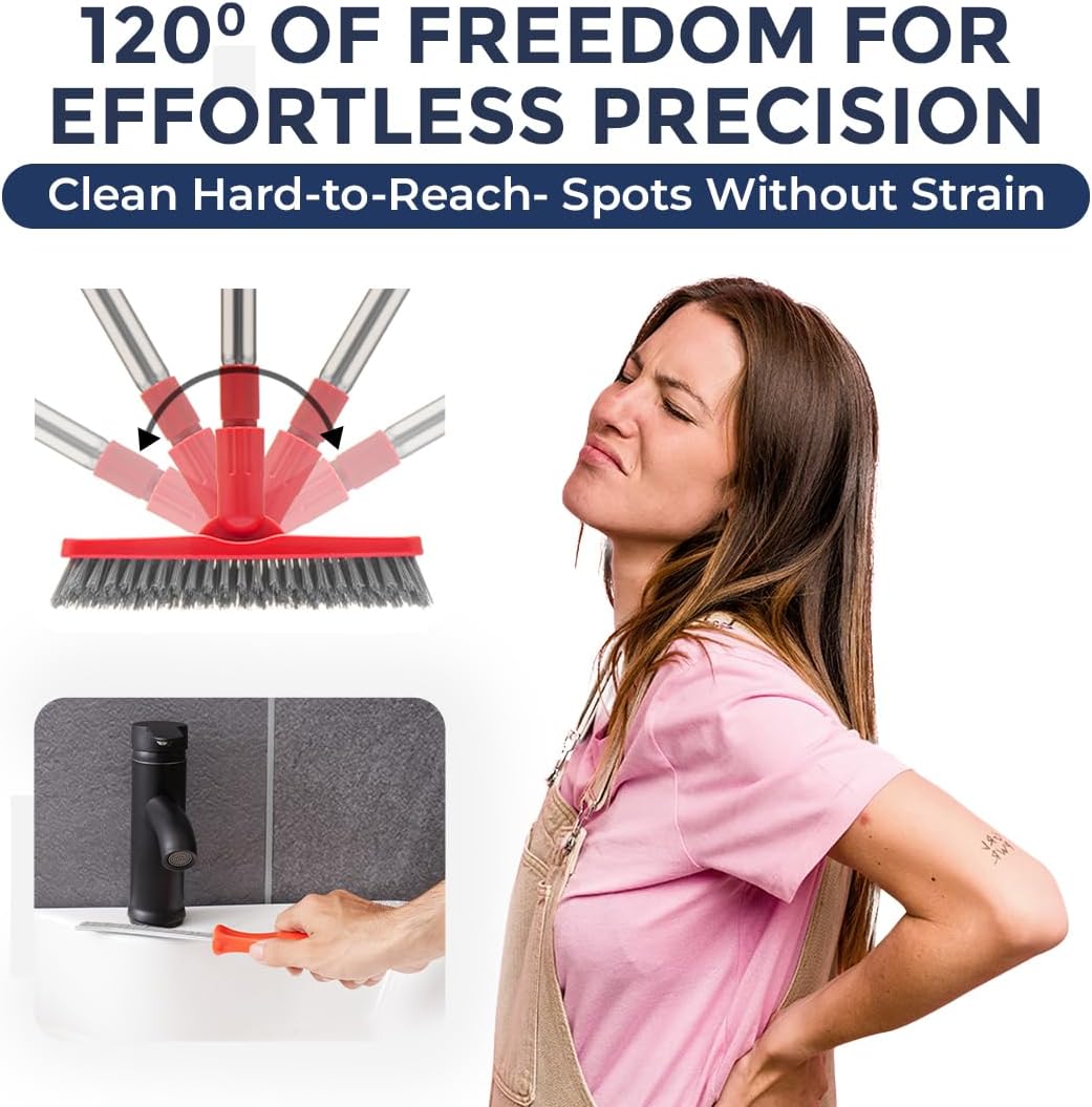 Grout Brush with Long Handle & Hard Bristle Crevice Cleaning Brush, Grout Cleaner for Tile Floors