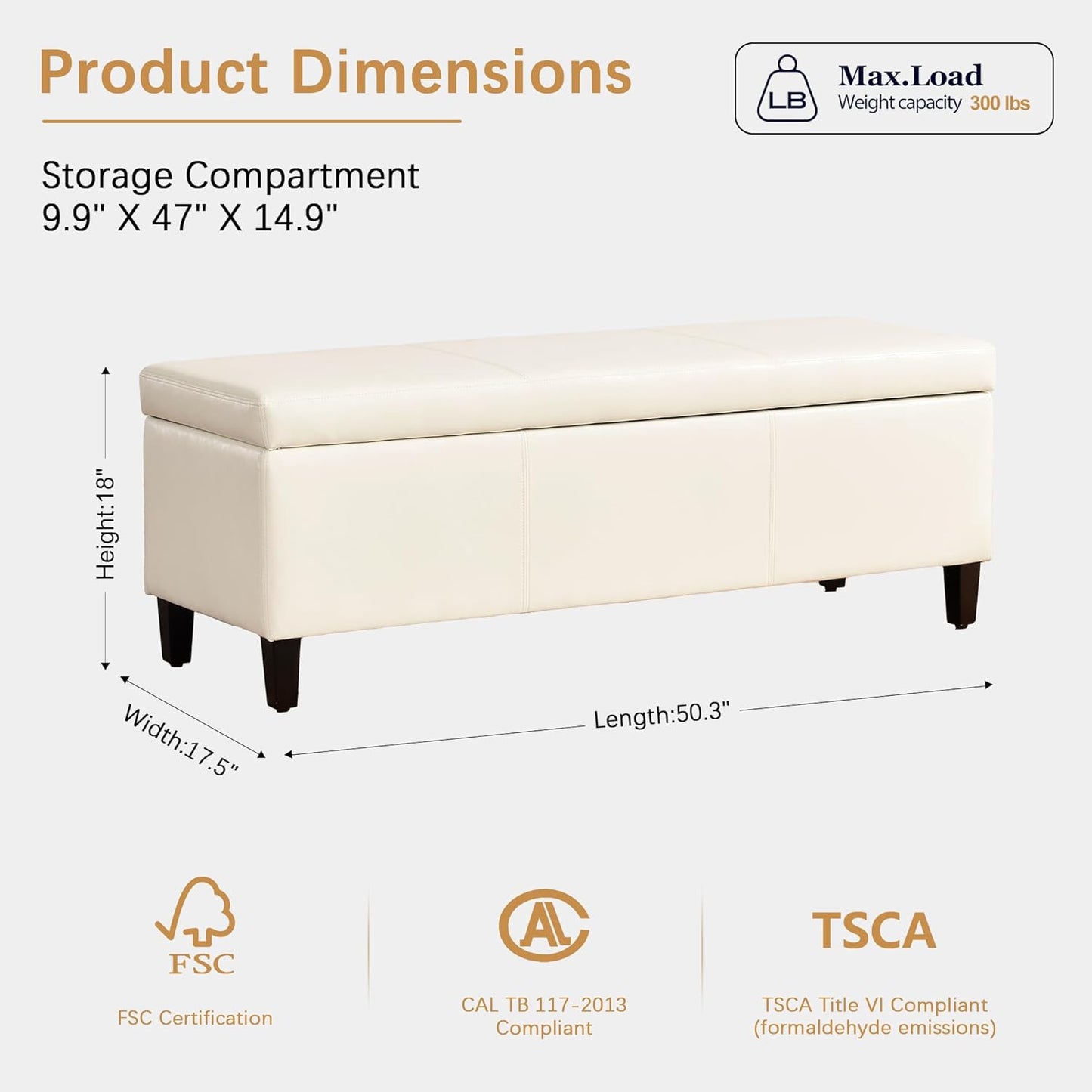 HUIMO Faux Leather Storage Ottoman Bench 50.3 inch Extra Long Upholstered Bedroom Bench with Large