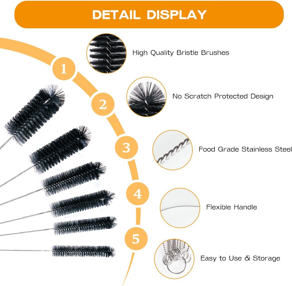Straw Cleaner Brush Set,6 Piece 12" Long Pipe Tube Bottle Brushes for Cleaning Narrow Neck