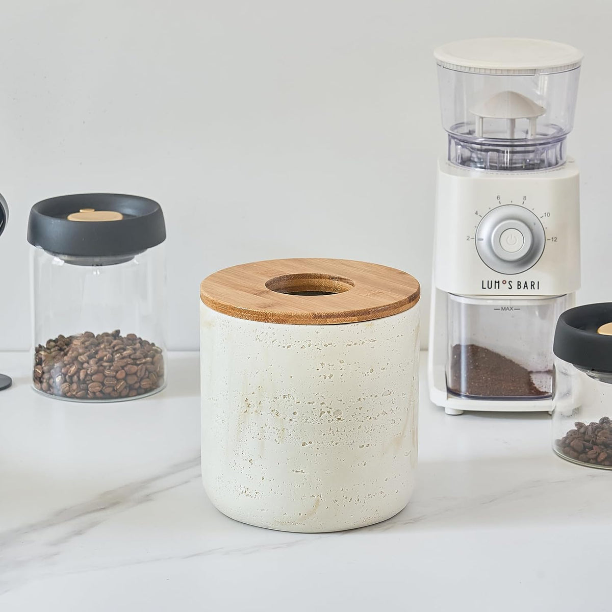 Natural Travertine Textures Beige Mini Trash Can with Bamboo Lid,Small Countertop Trash Can for