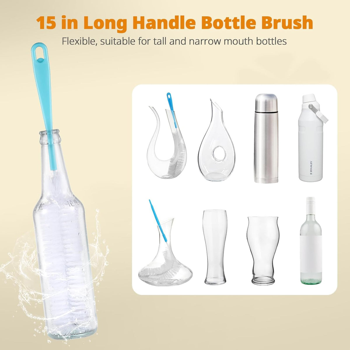 OUTXE 5 Pack Bottle Brush Set, 5-in-1 Water Bottle Cleaner Brush, 15"" Long Handle Bottle Cleaning
