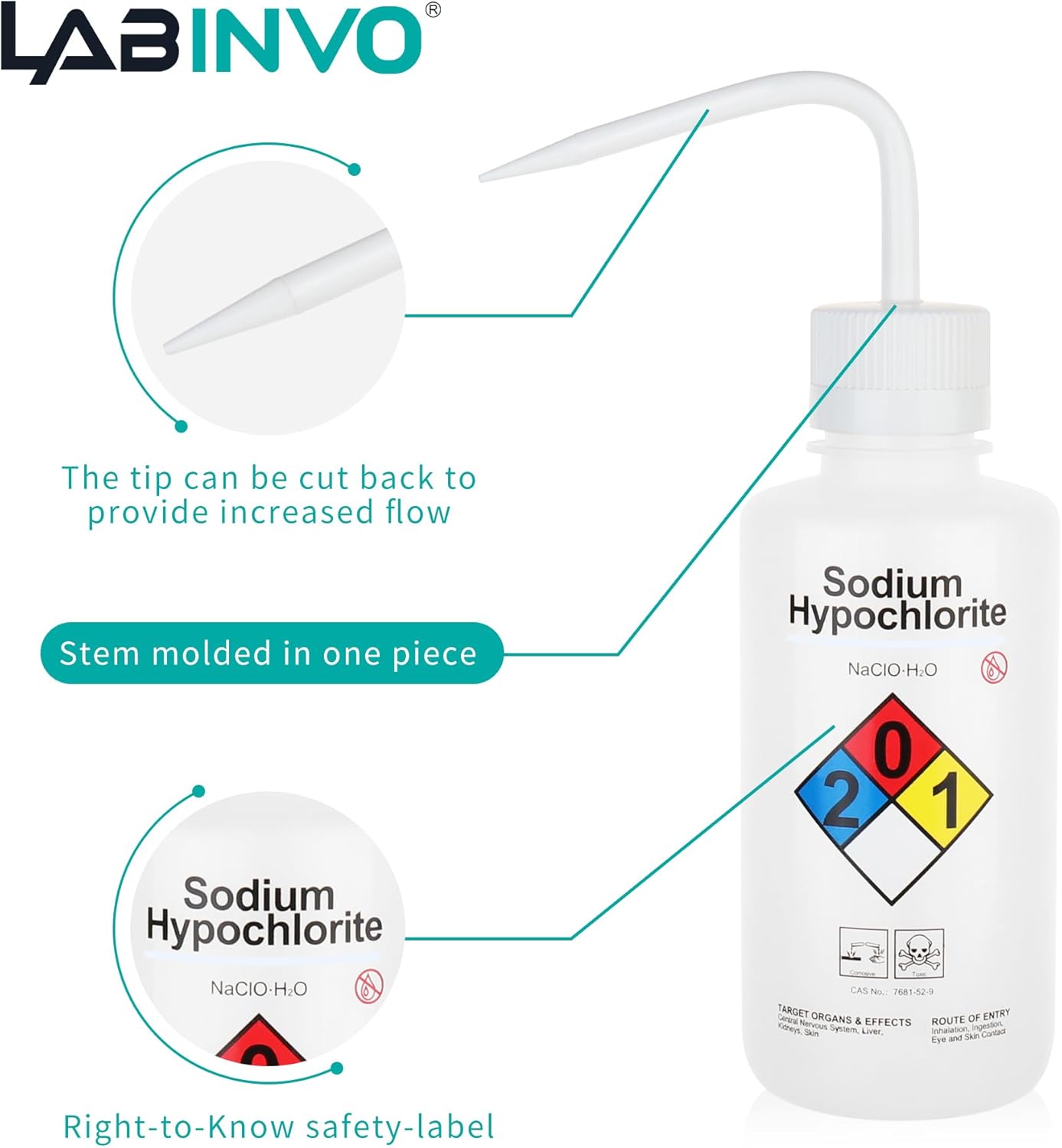 Sodium Hypochloride Wash Bottles, Vol.500ml (17oz), Narrow Mouth, Self-Venting Safety Wash Bottles