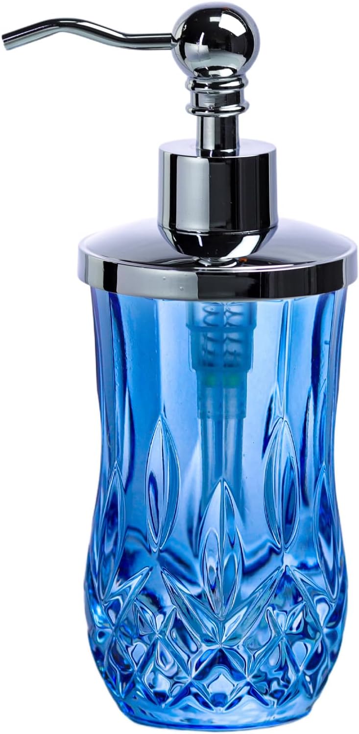 9Oz Diamond Grid Pattern Blue Glass Soap Dispenser with Rust Proof Stainless Steel Pump,Refillable