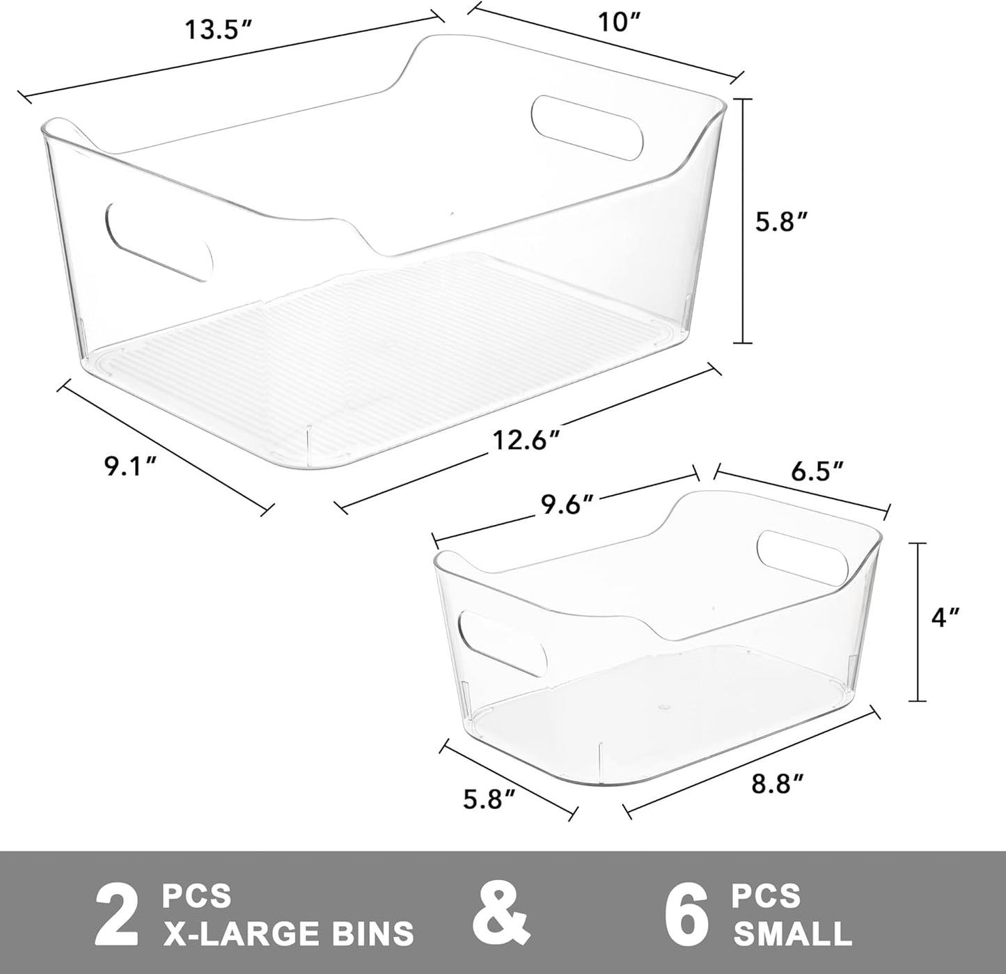 Tiawudi Set of 8 Clear Plastic Storage Bins, 2 Extra Large and 6 Small Storage Containers for