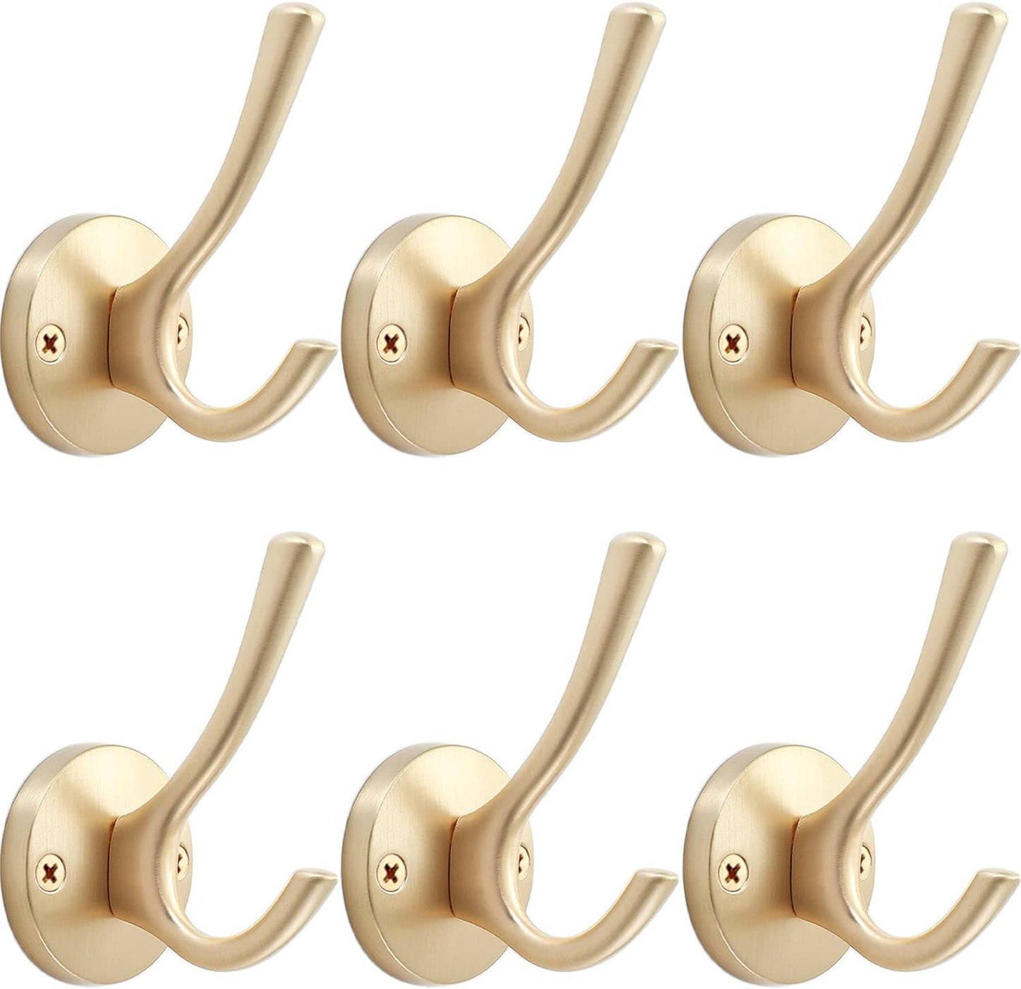 Gold Wall Hooks, 6 Pack Coat Robe Hook Heavy Duty Metal Double Bath Hook Wall Mounted, Hand Towel