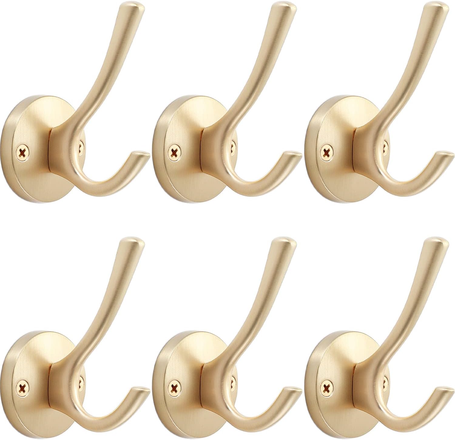Gold Wall Hooks, 6 Pack Coat Robe Hook Heavy Duty Metal Double Bath Hook Wall Mounted, Hand Towel