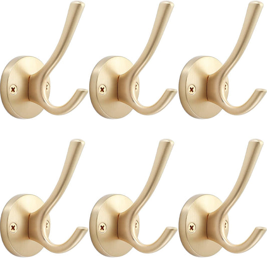 Gold Wall Hooks, 6 Pack Coat Robe Hook Heavy Duty Metal Double Bath Hook Wall Mounted, Hand Towel