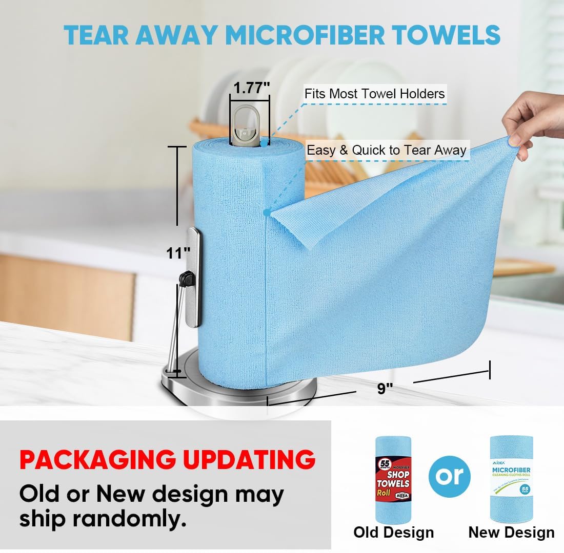 AIDEA Microfiber Cleaning Cloth Roll, Blue Shop Towels 55 Sheets Washable, Microfiber Towels for
