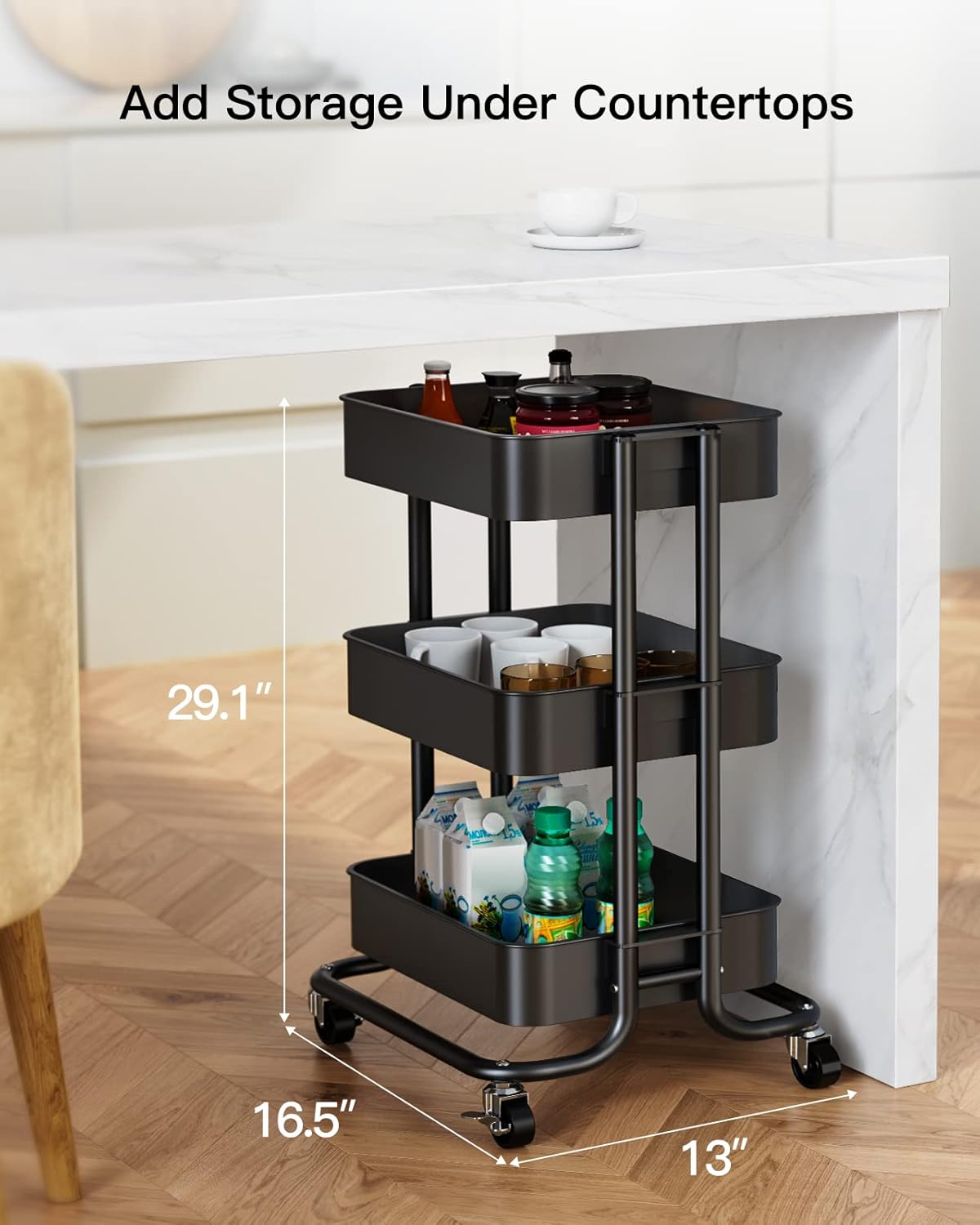 Pipishell 3 Tier Metal Rolling Utility Cart, Heavy-Duty Storage Rolling Cart with 2 Lockable