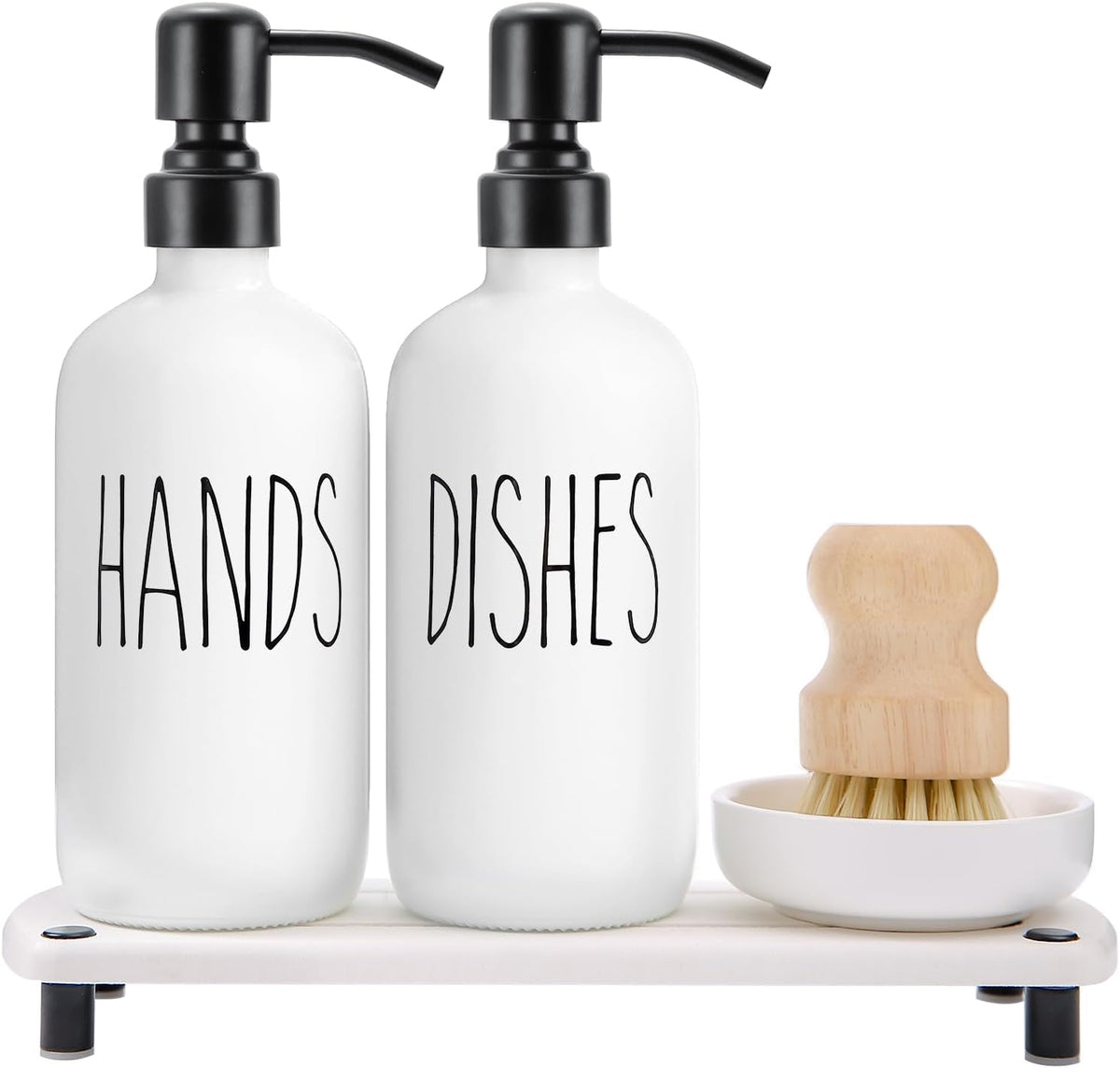 MOMEEMO White Soap Dispenser Set Comes with Stainless Steel Pumps, Instant Dry Tray, and Dish Scrub
