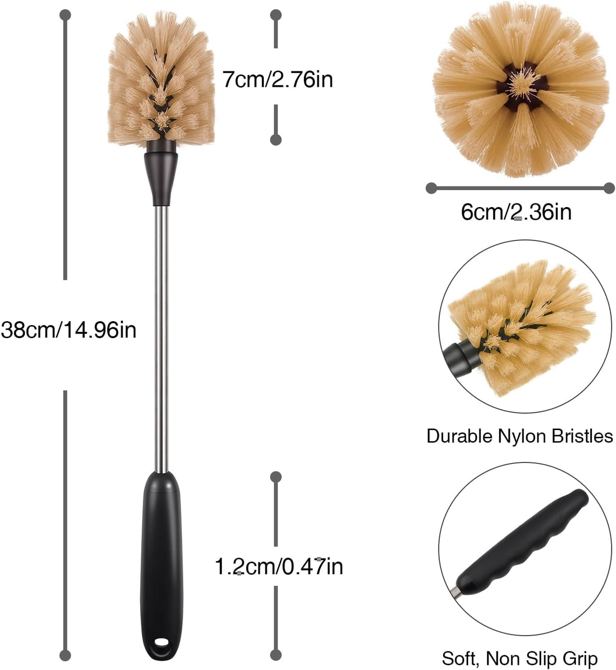 2 Pack Water Bottle Brush, 15-inch Long Handle Cleaning Brush, Kitchen Scrubber, Bottle Brush