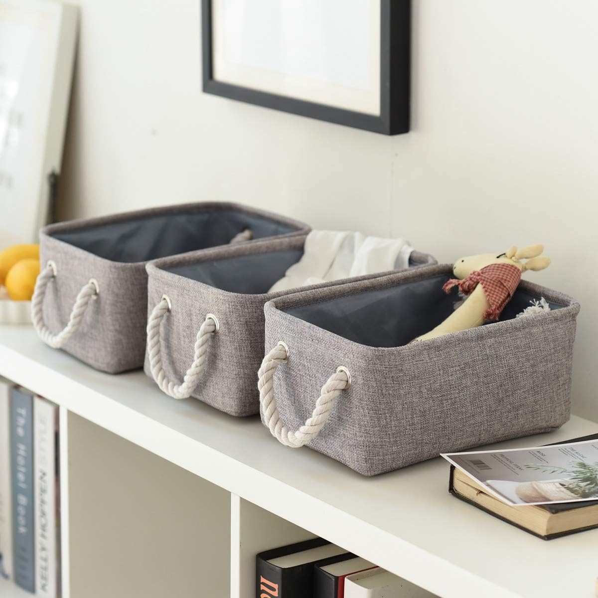 TheWarmHome Foldable Small Storage Baskets with Strong Cotton Rope Handles [6-Pack] Gray