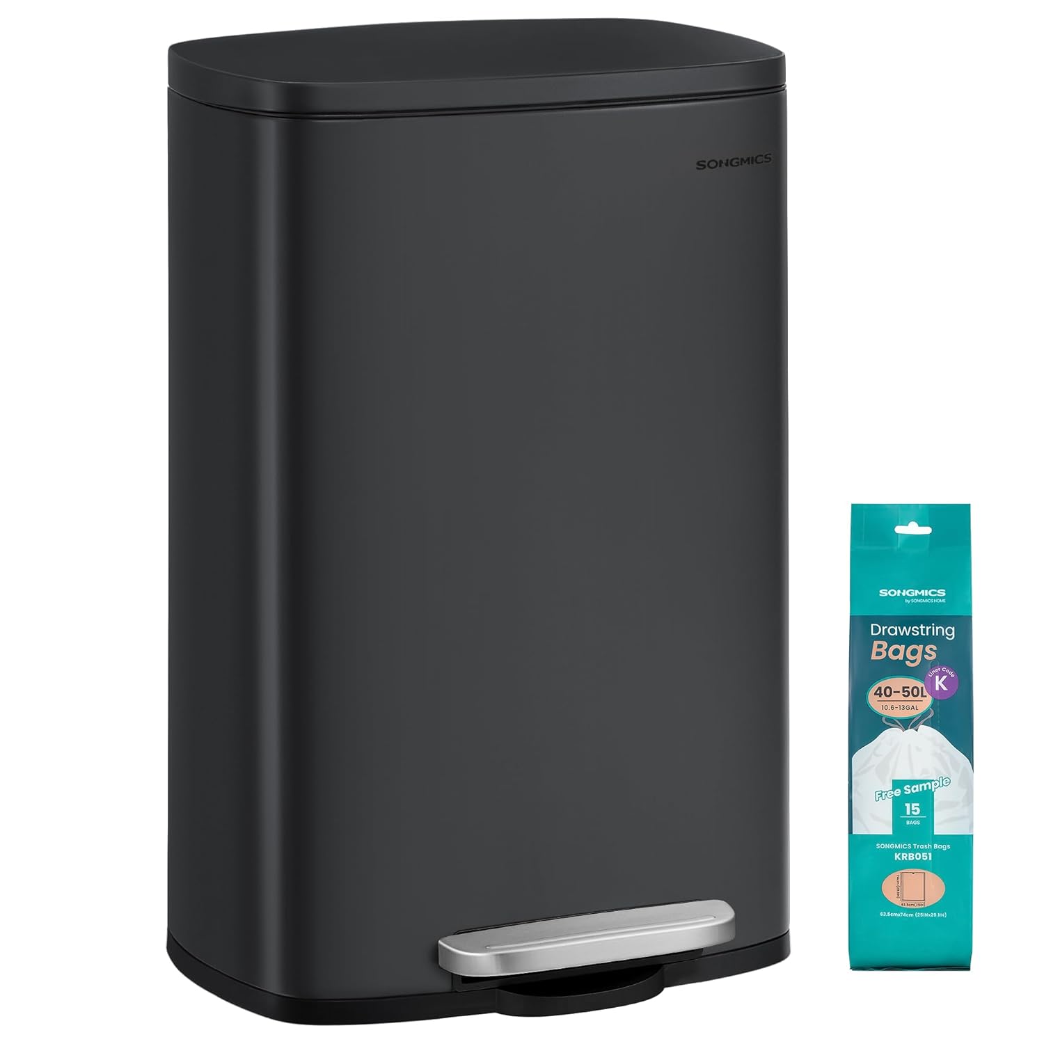 SONGMICS 13 Gallon (50 L) Trash Can, Stainless Steel Kitchen Garbage Can, Recycling or Waste Bin
