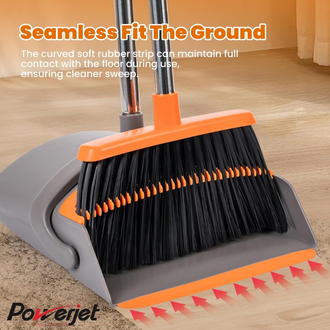 POWERJET Upright Broom & Dustpan Set (420900), Angled Lobby Broom, Exclusive Long Handle Extendable