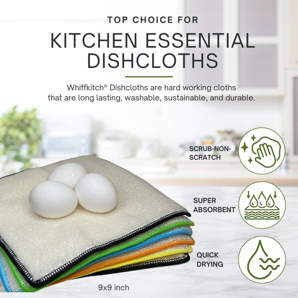 Whiffkitch Dishcloths Dishrags for Kitchen and Household Cleaning 9x9 6-Pack Non-Scratch 2-Ply