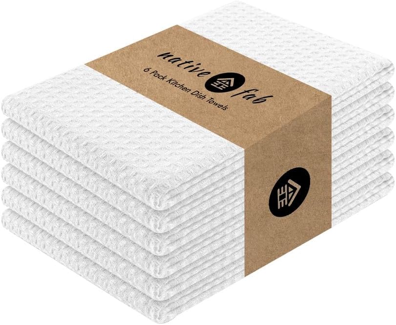 Native Fab Cotton Kitchen Towel with Hanging Loop 16x26 inches, 6-Pack, Waffle Weave Kitchen Towels