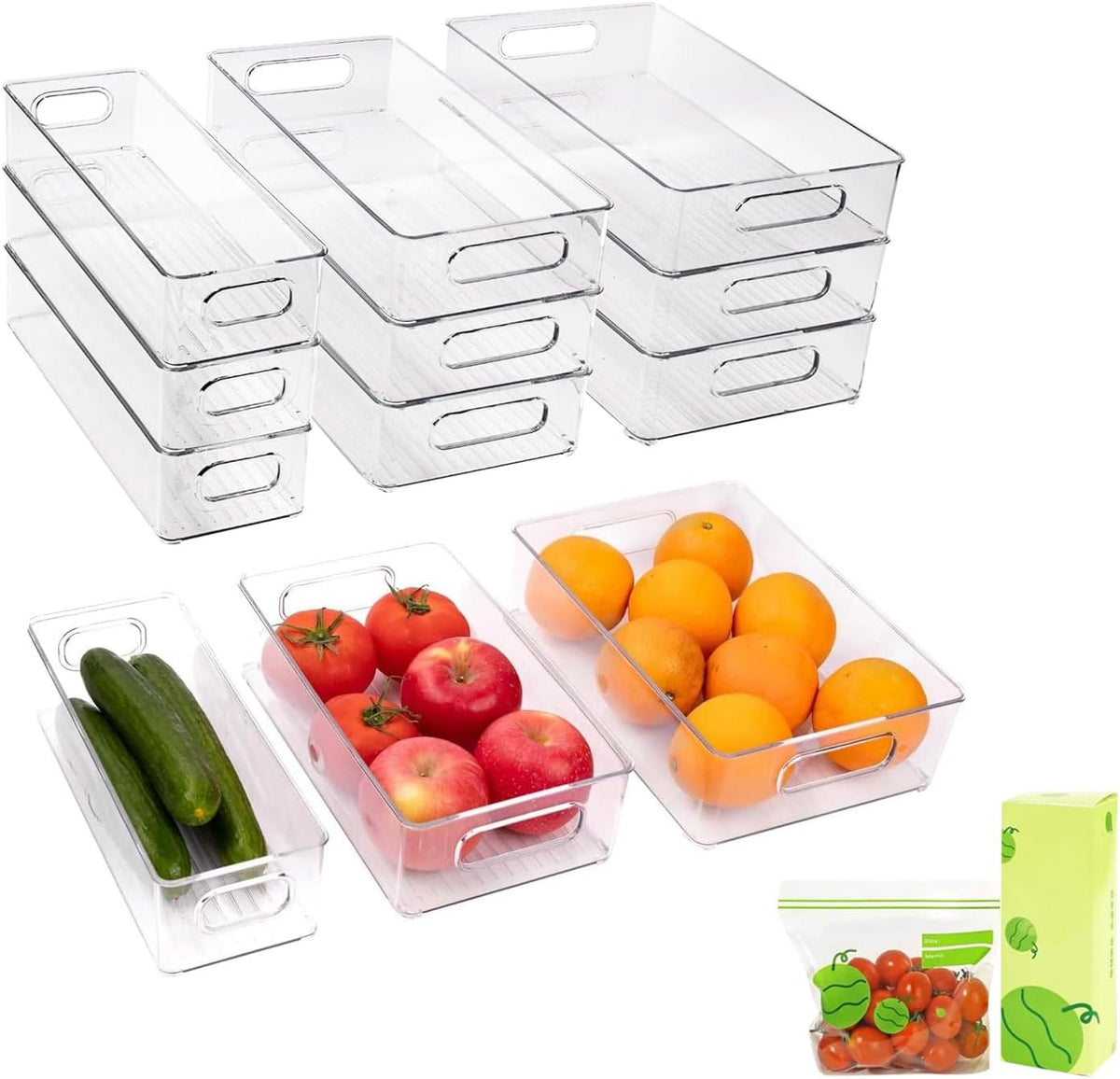 9 Pack Refrigerator Organizer Bins,3 Sizes Clear Pantry Storage with Handles and 30 PCS Plastic