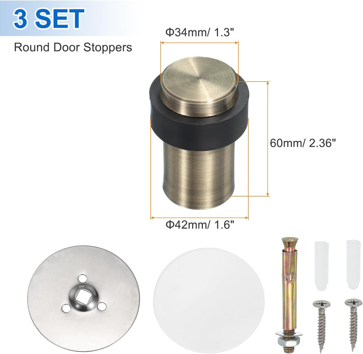 PATIKIL 3Set Round Door Stoppers, 60mm Stainless Steel Door Stop Doorstop Wedge Metal Cylinder Self
