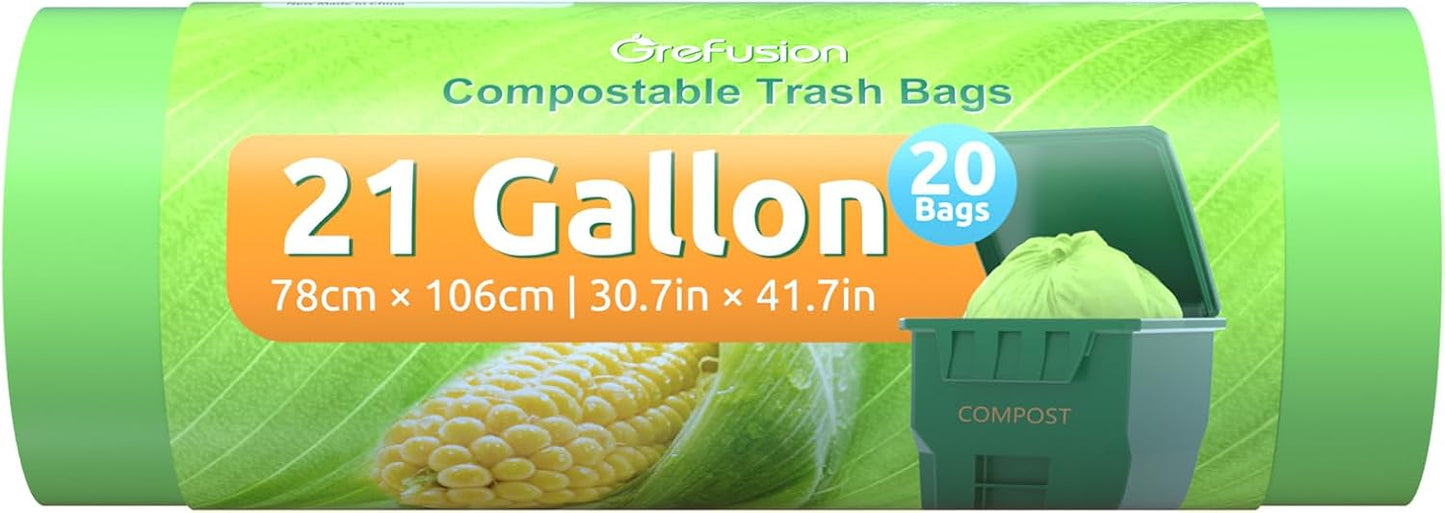 GreFusion Compostable Trash Bags 21 gallon,20 Count,Extra Thick 1.28 Mills,Fits13-25 gallon trash
