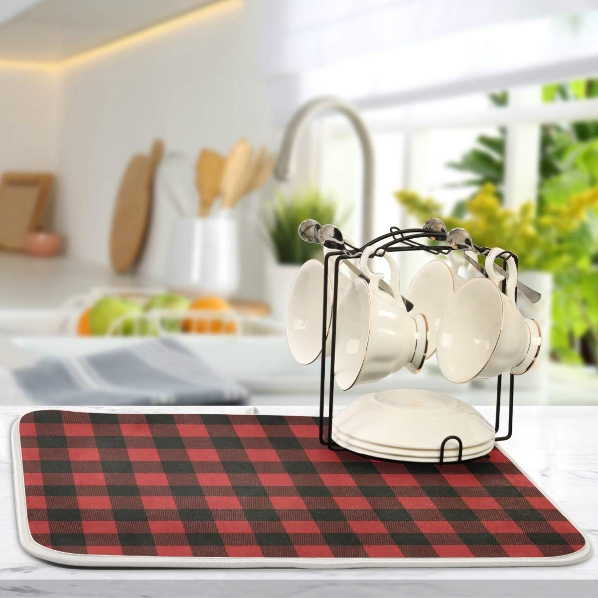 Red and Black Buffalo Plaid Dish Drying Mat 16x18 for Kitchen Merry Christmas Winter Xmas Dishes