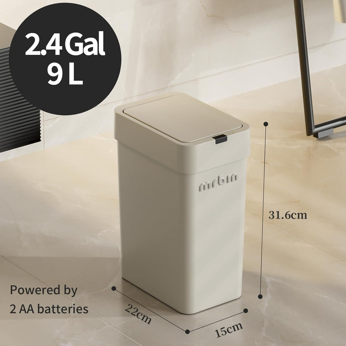MRBIN Motion Sensor Bathroom Trash Can with Lid, 9L/2.4gal Automatic Plastic Slim Covered Electric