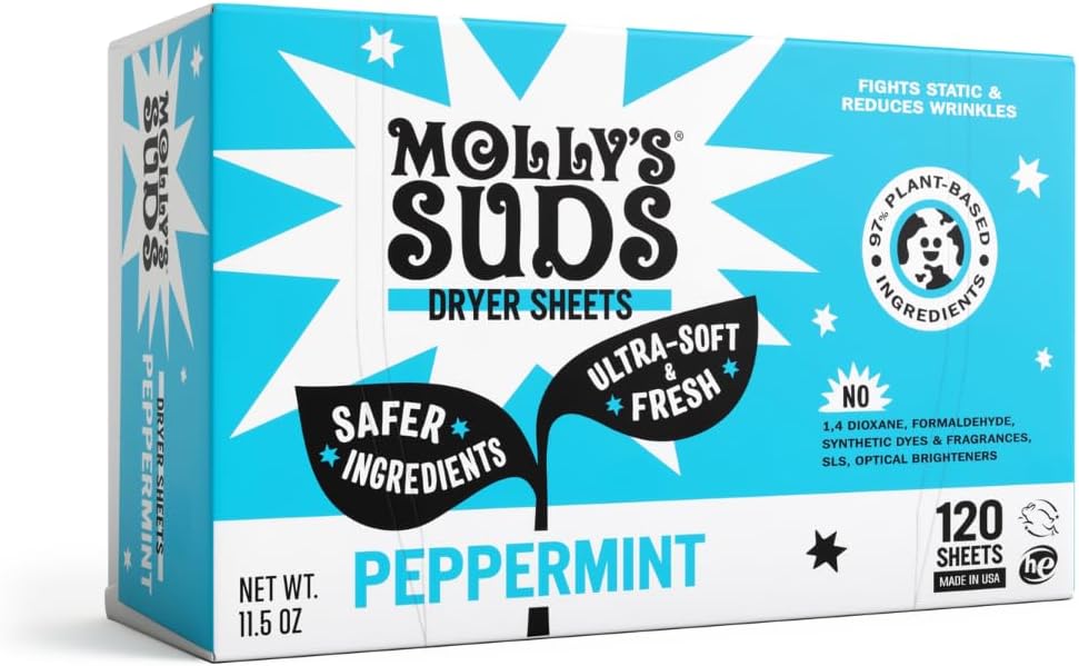 Molly's Suds Fabric Softener Dryer Sheets for Sensitive Skin | Plant-Based Static Reducer