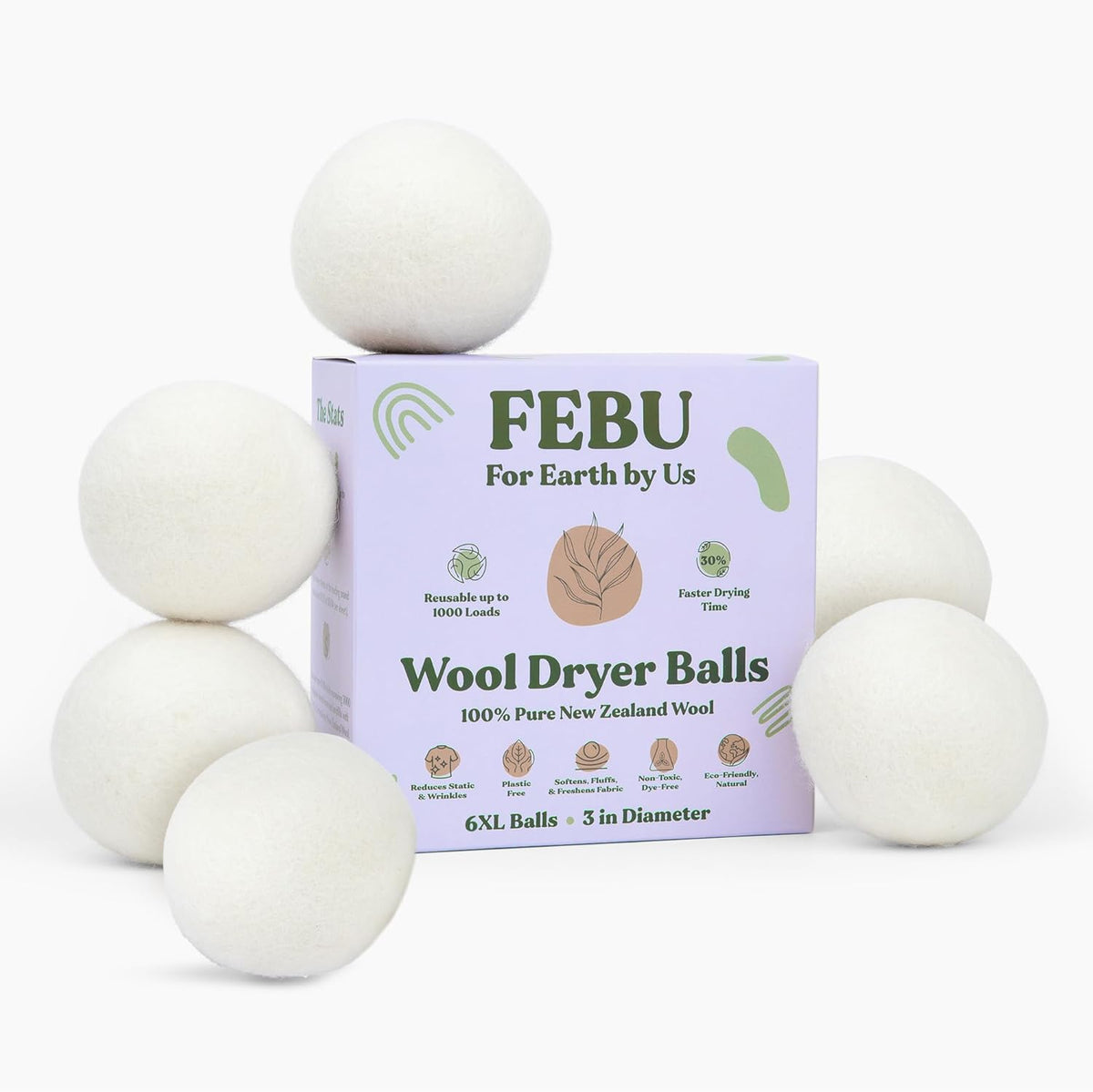 FEBU Wool Dryer Balls, 6-Pack, XL | 100% New Zealand Wool | Natural, Reusable Fabric Softener |