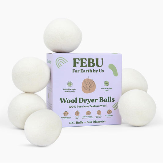 FEBU Wool Dryer Balls, 6-Pack, XL | 100% New Zealand Wool | Natural, Reusable Fabric Softener |
