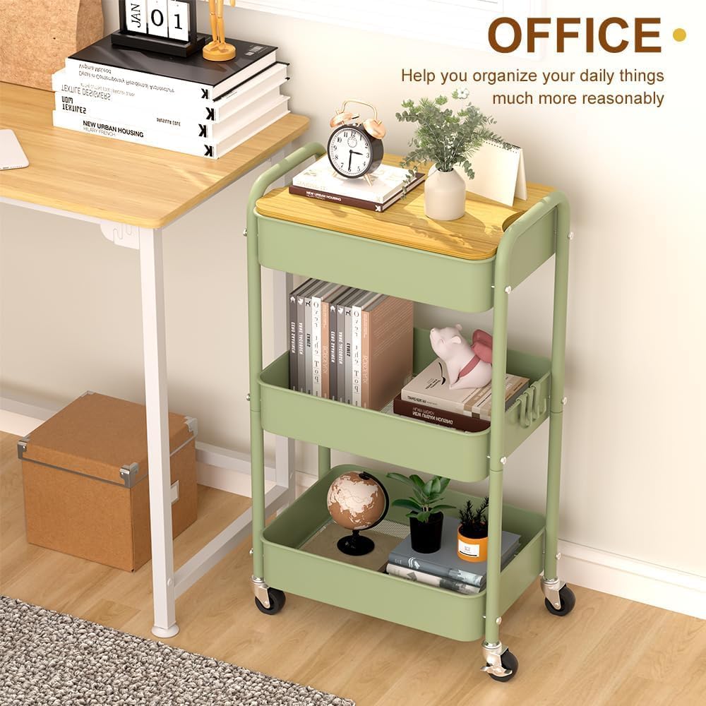 3 Tier Metal Utility Cart, Rolling Storage Cart with Wooden Tabletop, Metal Organizer Cart with
