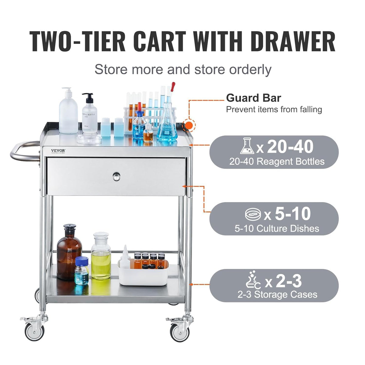 VEVOR Medical Cart, 2-Layer Stainless Steel Cart 220 lbs Weight Capacity, Lab Utility Cart with