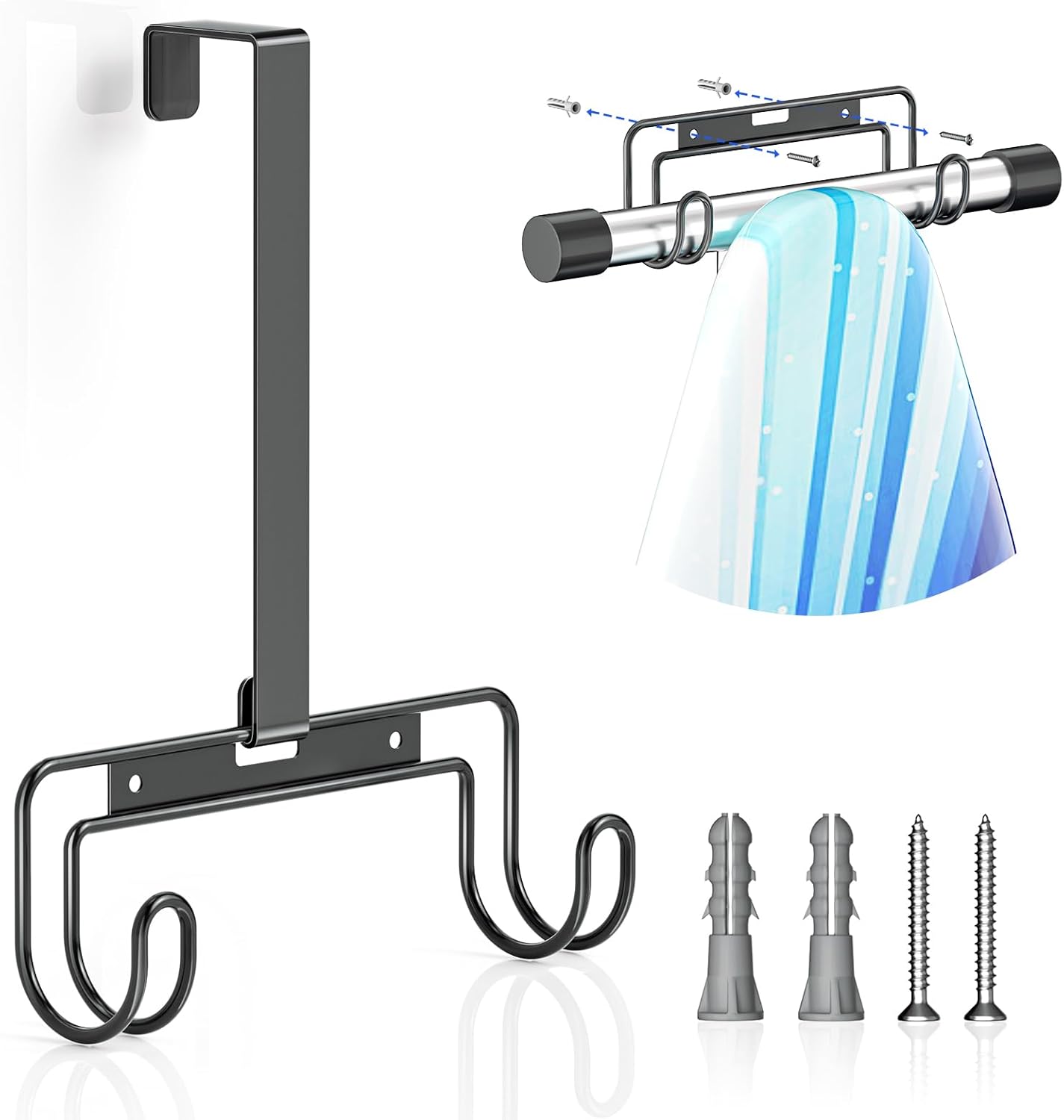 Over The Door & Wall Mount Ironing Board Hanger with Removable Hook, Metal Ironing Board Holder