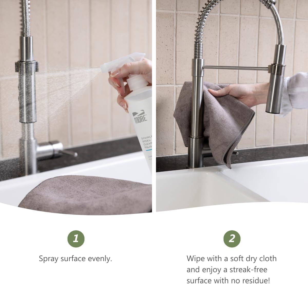 MORE - Stainless Steel Cleaner & Polish Spray + Microfiber Cloth - Stainless Steel Cleaner for