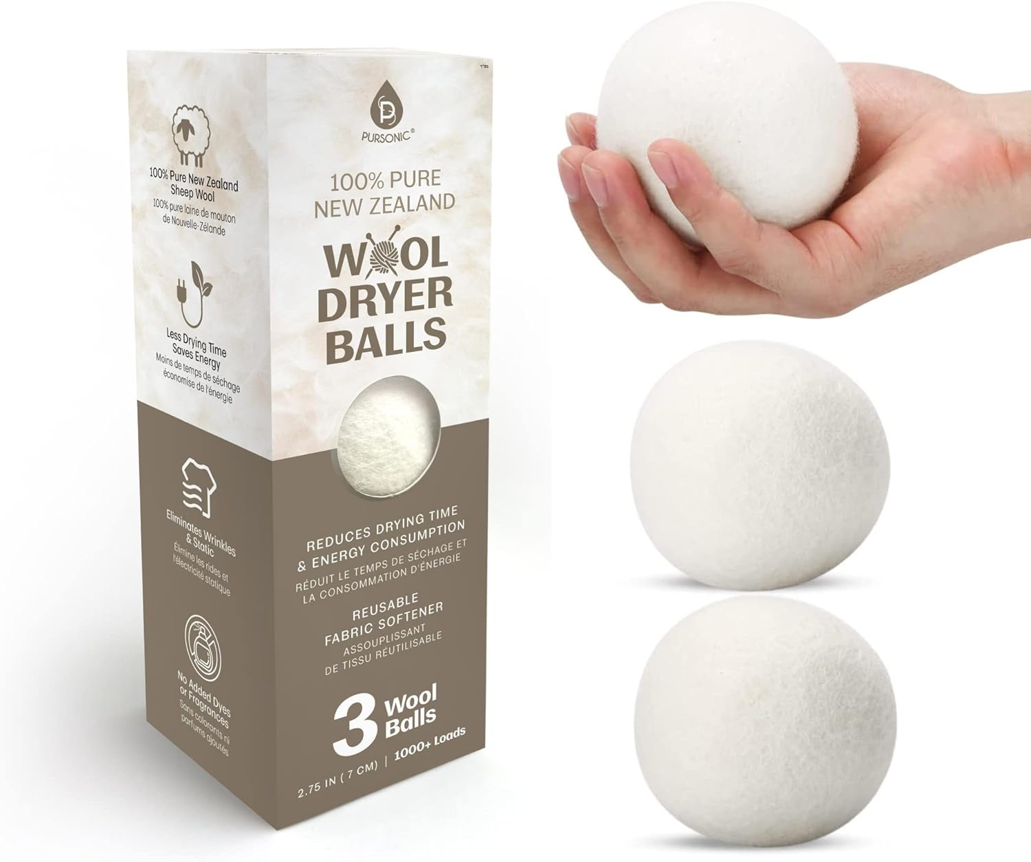 Pursonic Laundry Wool Dryer Balls – Reusable Dryer Balls Made from 100% Pure New Zealand Wool